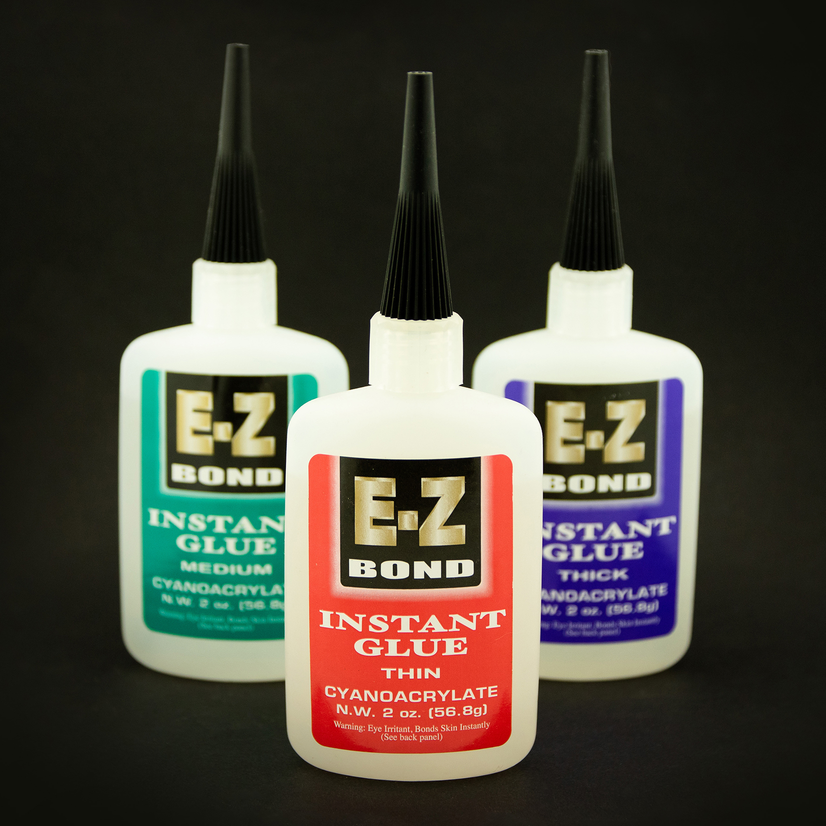 Three 2oz bottles of E-Z Bond CA Glue in thin, medium, and thick viscosities for pen turning, finishing and repairing