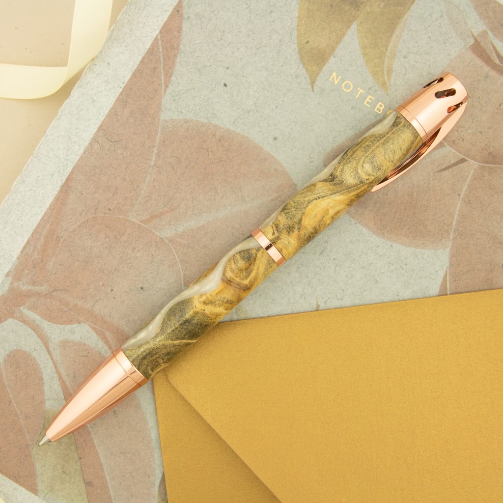 Rose gold and buckeye burl wood custom aromatherapy wedding pen kit for bridal party gift bridesmaid proposal