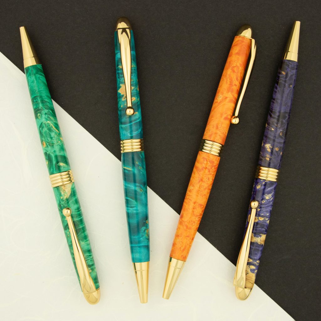 Easyline pen turning kit for lathe wood turning with stabilized dyed box elder burl pen blank orange blue teal purple for wedding guest favours pen turning supplies