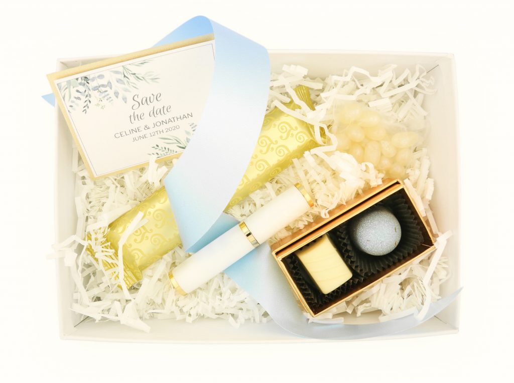 Wedding party bridesmaid gift proposal box ideas with perfume sprayer and white pearl acrylic pen blank
