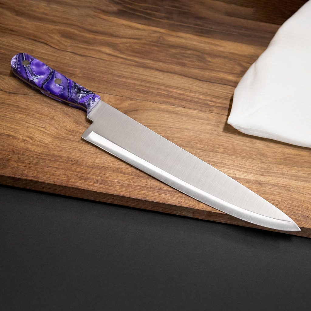 Traditional 8" cooks blade knife making kit with purple acrylic project blank kitchen knife from William Wood-Write Ltd