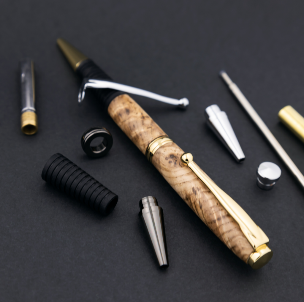 Pen turning hardware parts from Penblanks.ca Comfort rubber grip pen kit with black ash burl pen blank