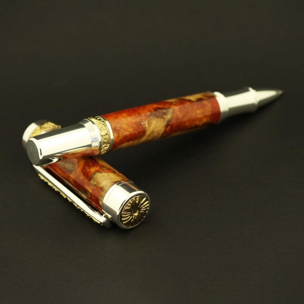 Canadiana Fountain Pen kit in gold and chrome platings with Fusion gold cavern pen blank finished with Starbond CA Glue