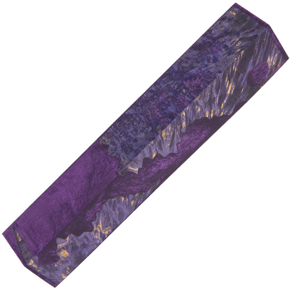 Fusion pen blank #5 Tanzanite from William Wood-Write Ltd, made with purple acrylic and stabilized purple black elder burl wood.
