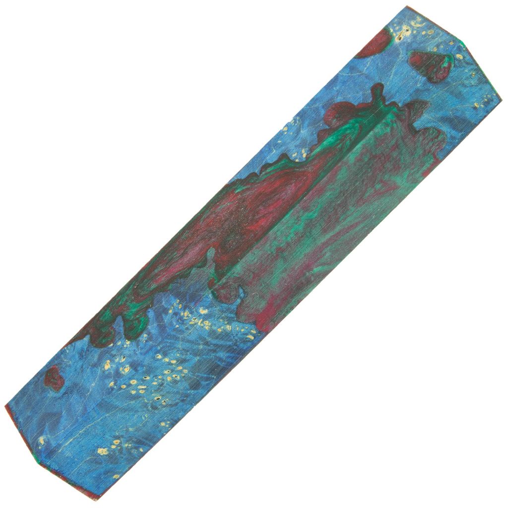 Fusion pen blank #20 Mermaid Dream from William Wood-Write Ltd, made with blue and red acrylic and blue stabilized box elder burl wood