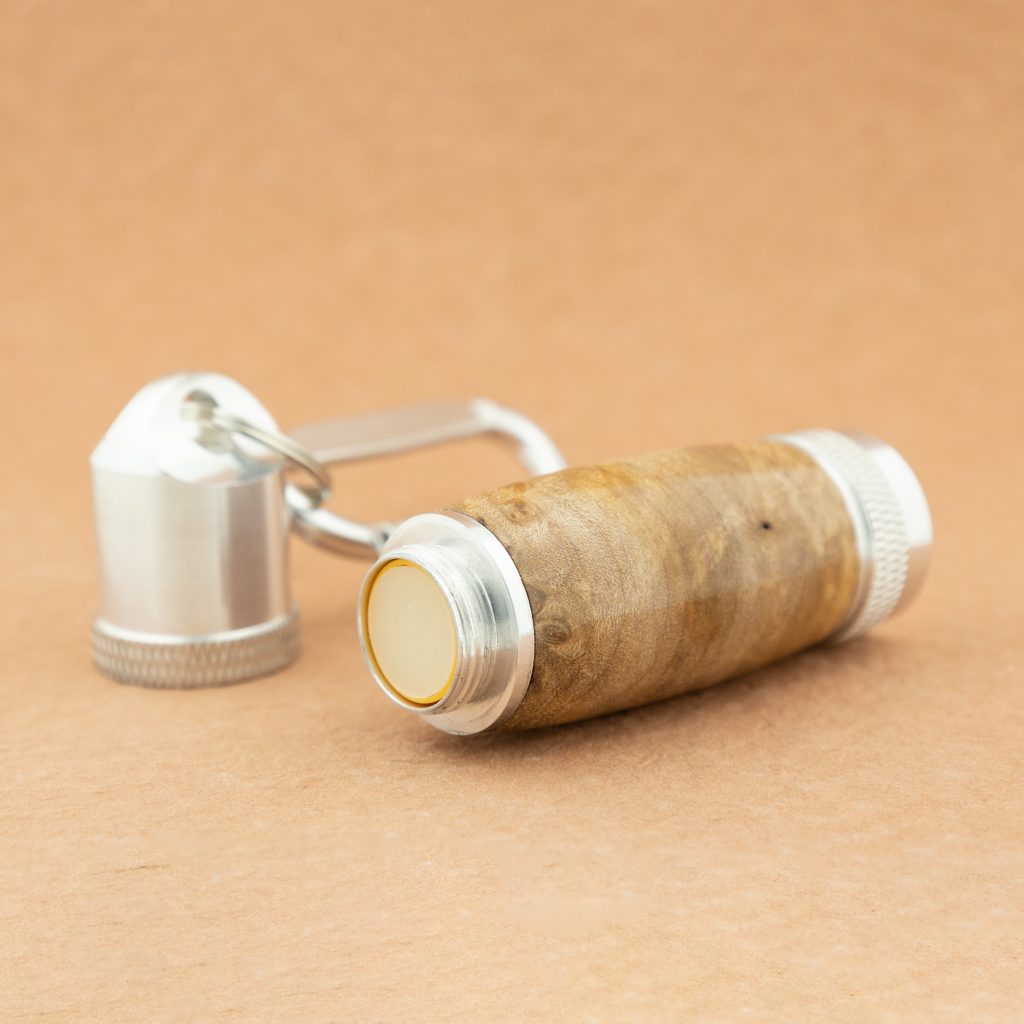 Chrome lip balm holder keychain kit turned with a maple burl pen blank from William Wood-Write Ltd.