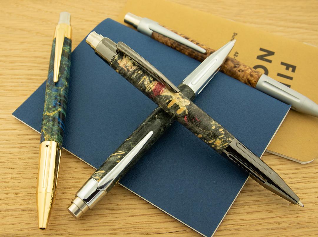 Luxor Push Button pen kits from William Wood-Write Ltd with exceptional stabilized black maple burl, and maple burl pen blank