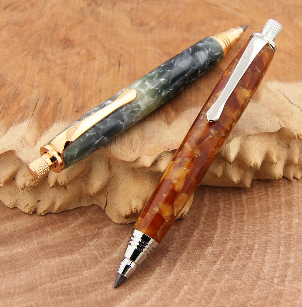 Mini Sketch pencils with 3mm lead from William Wood-Write Ltd in gold and chrome made with acrylic gold rush pen blank