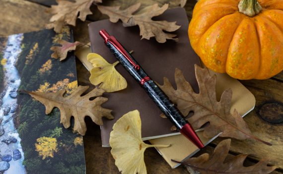 Slim Max 2.0 Click Pen Kit in Red from William Wood-Write turned with "Python" Honeycomb pen blank against fall background.
