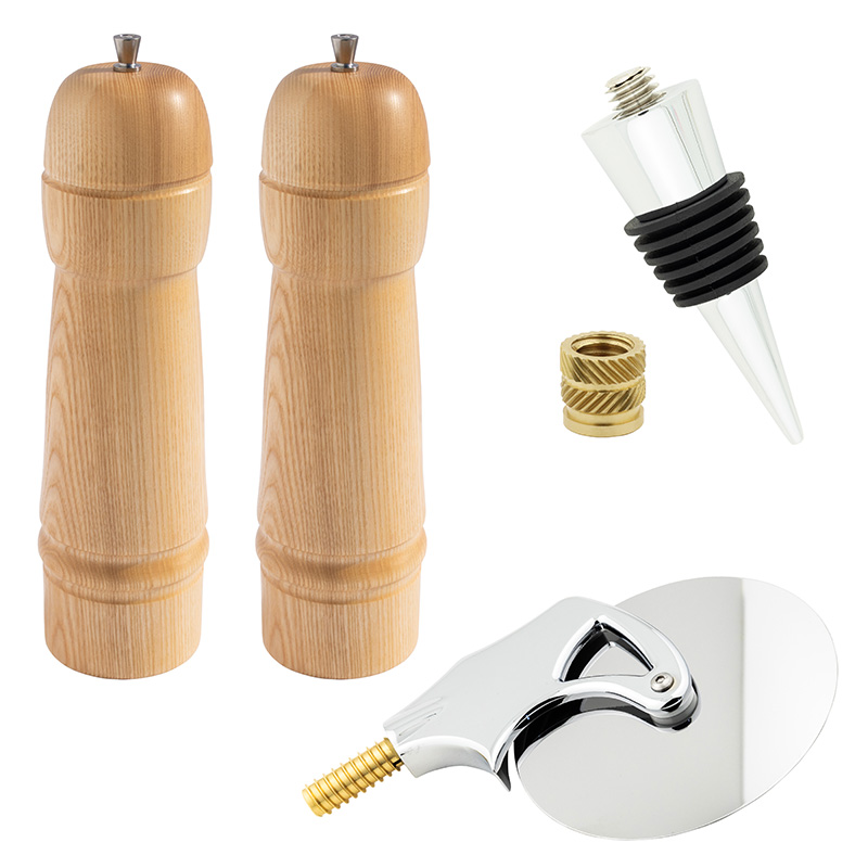 Chef Kits Bundle from William Wood-Write Ltd - contains Chef's 10-inch salt and pepper mill kit set of 2, chef's pizza cutter kit and chrome bottle stopper kit.