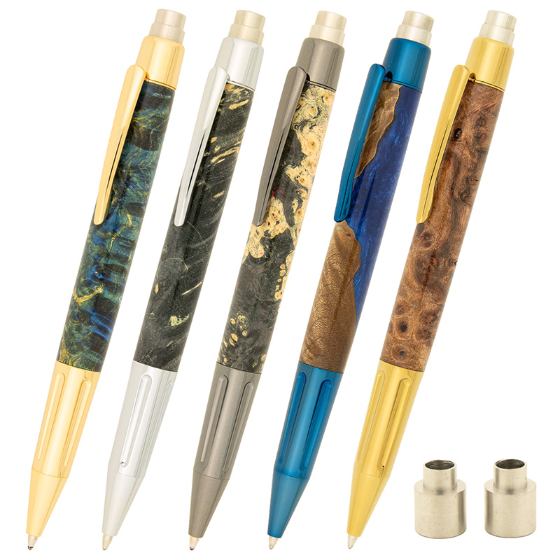 Luxor pen kit bundle from William Wood-Write Ltd - contains set of  5 Luxor pen kits in gold, chrome, gun metal, titanium gold, and blue titanium as well as 112a bushings
