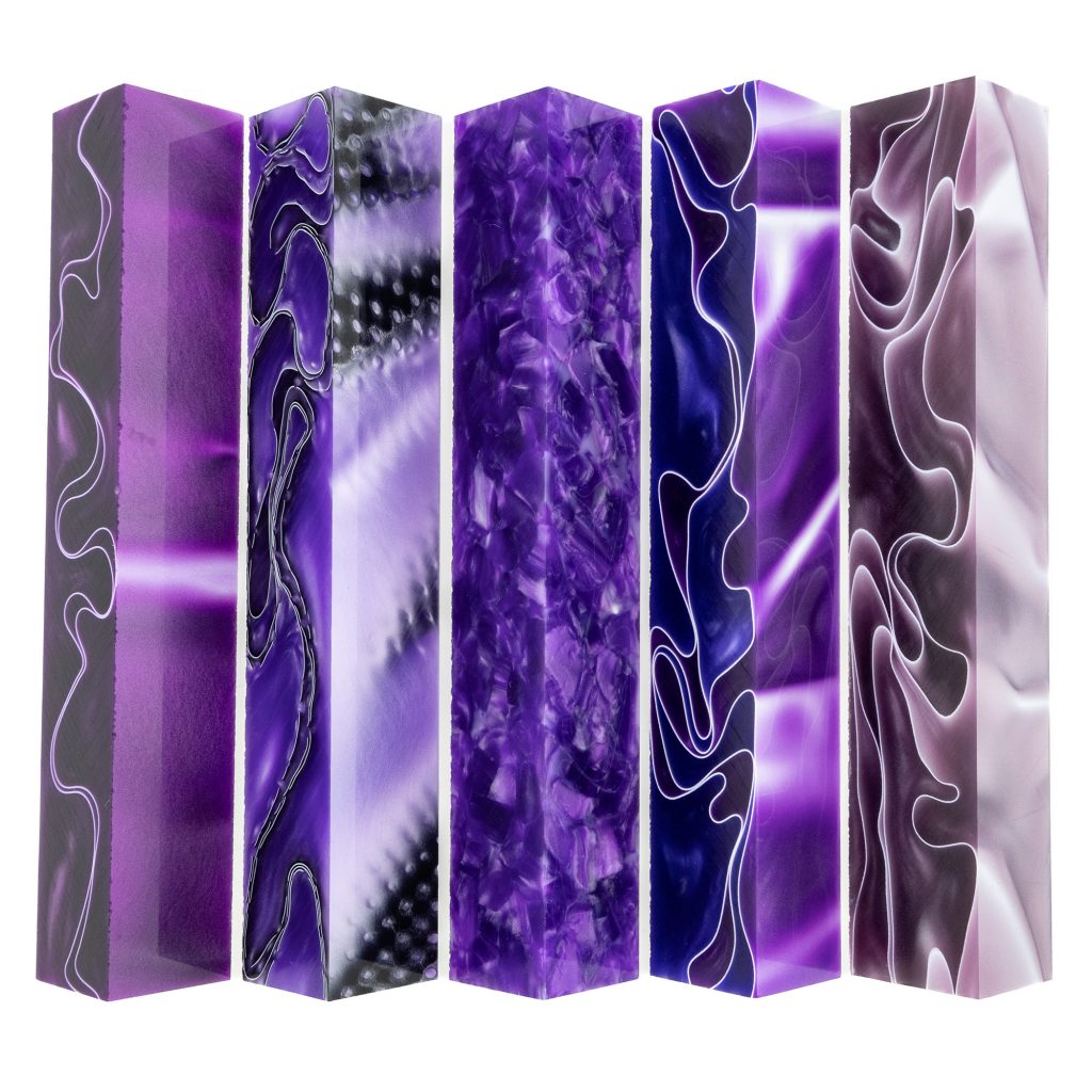 Purple acrylic pen blank sampler bundle from William Wood-Write Ltd. Contains Plum royale, purple pebble, lavender dream, ultra violet and purple passion acrylic acetate pen blanks.