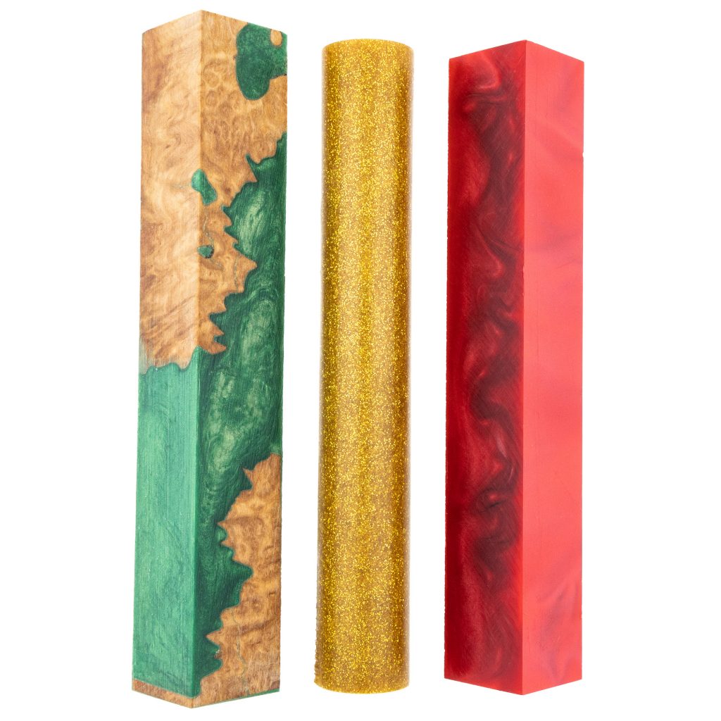 Christmas Pen Blank Sampler Bundle from William Wood-Write Ltd; contains acrylic red shimmer pen blank, shooting star glitter blank and christmas wood fusion blank.