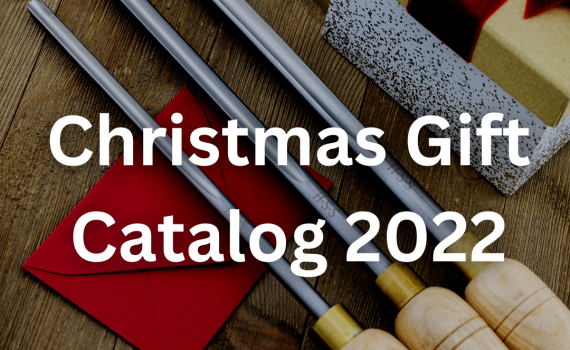 "William Wood-Write's Christmas Gift Catalog 2022" with HSS Bowl Gouges and wrapped present behind text.