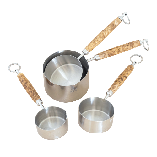 Stainless Steel Measuring Cup Set Kit from Willian Wood-Write Ltd against white background. Contains 4 measuring cups, one each of 1/4 cup, 1/3 cup, 1/2 cup and 1 cup.