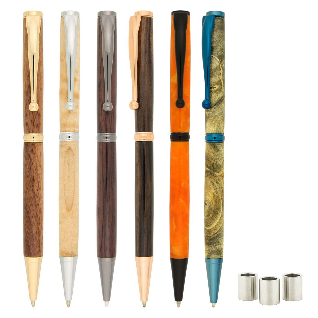 Budget Fancy Slimline Gift Set 6 pens plus 6 bushings - contains budget fancy slimline pen kit in gold, chrome, gun metal, rose gold, black chrome and blue titanium platings.