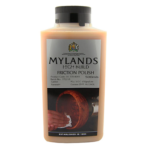 Mylands High Build Friction Polish wood finish from William Wood-Write Ltd. in 500ml bottle against white background.