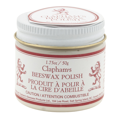 Clapham's natural beeswax wood finish polish from William Wood-Write Ltd. in 1.75oz/50g jar against white background.