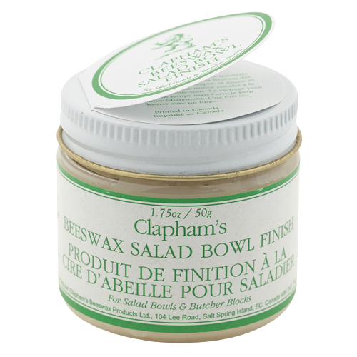 Clapham's natural beeswax salad bowl finish polish from William Wood-Write Ltd. in 1.75oz/50g jar against white background.