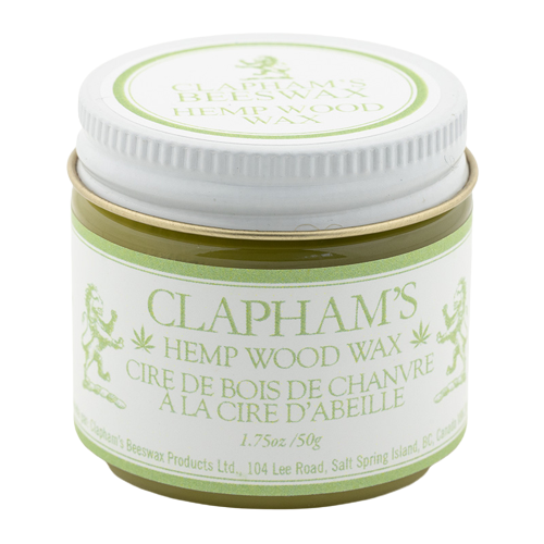 Clapham's natural hemp wood wax wood finish polish from William Wood-Write Ltd. in 1.75oz/50g jar against white background.