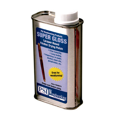 Super Gloss friction wood polish lacquer-based drying polish from William Wood-Write Ltd. in 8oz bottle against white background.