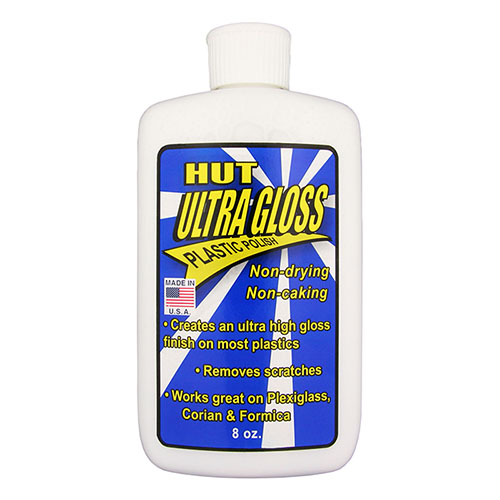 HUT Ultra gloss plastic polish from William Wood-Write Ltd. in 8oz bottle against white background.