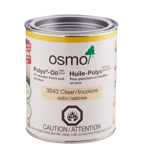 Osmo Polyx-Oil Hardwax-Oil Wood finish from William Wood-Write Ltd. in 3043 Clear Satin in 750ml tin against white background.