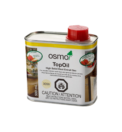 Osmo TopOil food safe hardwax wood finish in clear matte 3056 from William Wood-Write Ltd in 500ml can.