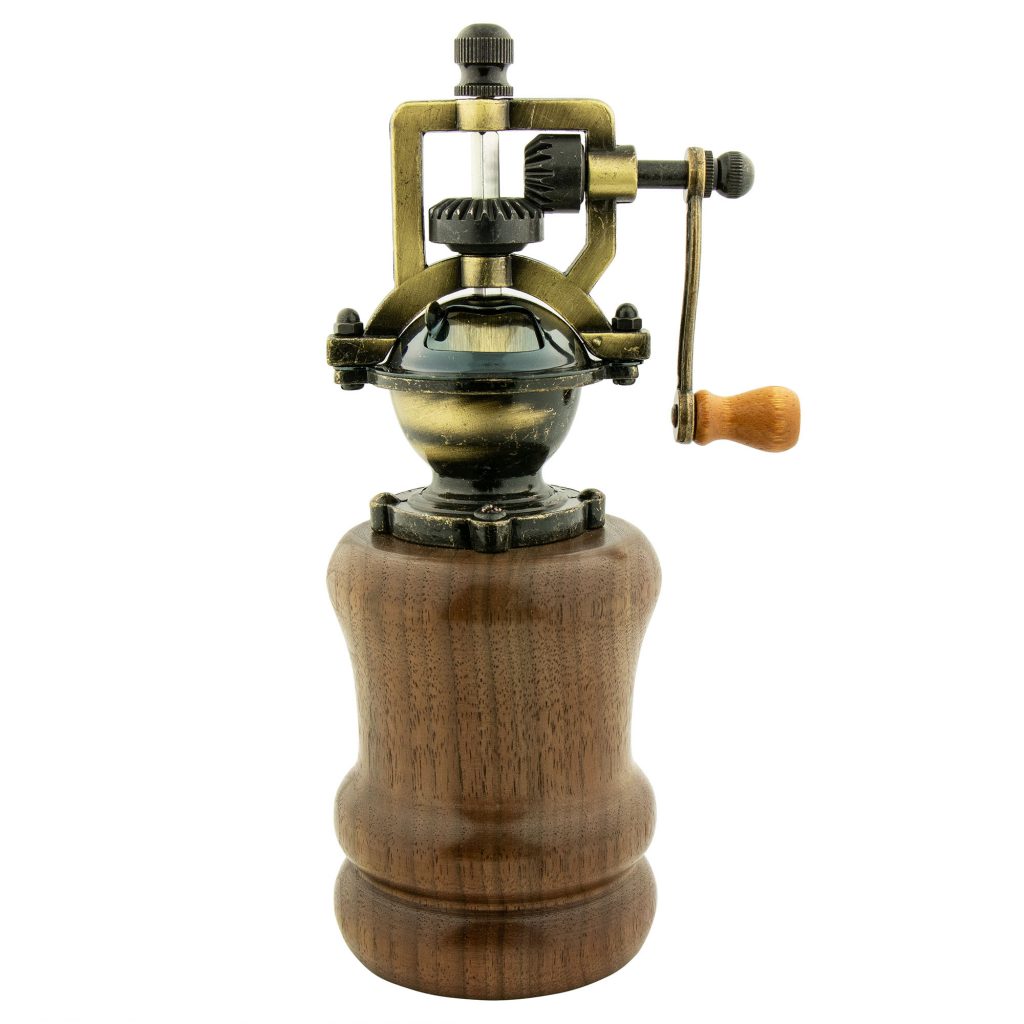 Antique Brass EZ-Assemble Vintage-style salt and peppermill with side crank mechanism made with Walnut exotic wood spindle blank from William Wood-Write Ltd.