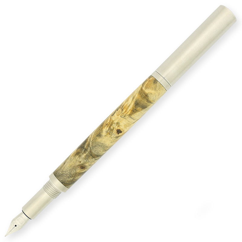 Raw 303 stainless steel fountain pen kit in chrome made with stabilized buckeye burl pen blank from William Wood-Write Ltd.