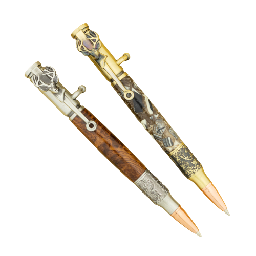 Deer Head Bolt Action Pen kits, one each in antique brass and antique pewter, from William Wood-Write Ltd. 