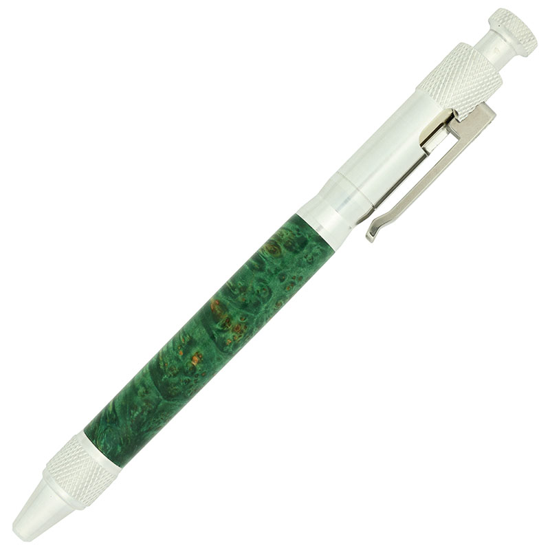 Aluminum Clip Bolt Action pen kit made with stabilized and dyed buckeye burl in green from William Wood-Write Ltd.