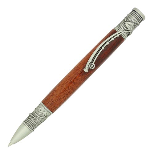 Fly Fishing ballpoint twist pen kit in Antique Pewter made with Beeswing Narra exotic wood pen blank from William Wood-Write Ltd.
