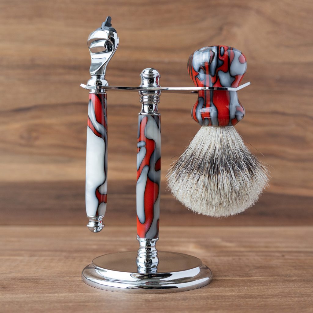 Fusion Razor bundle in chrome including deluxe pen stand, fusion-style razor handle and badger hair shaving knot made with Pendragon jumbo acrylic project block and pendragon pen blanks.