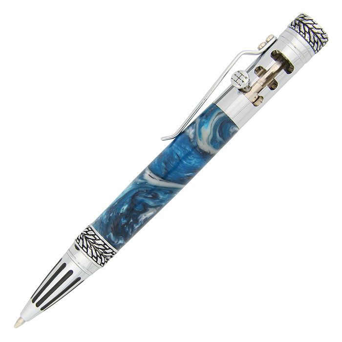 Gear Shift Ballpoint Bolt Action clip pen kit in Chrome made with Typhoon Blue Vapour acrylic pen blank from William Wood-Write Ltd.