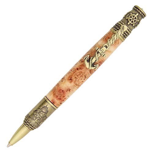 Nautical ballpoint twist pen kit made with maple burl exotic wood pen blank from William Wood-Write Ltd.