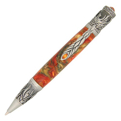 Phoenix Rising ballpoint twist pen kit in Antique Pewter made with Harvest Moon Lava Explosion pen blank from William Wood-Write Ltd.