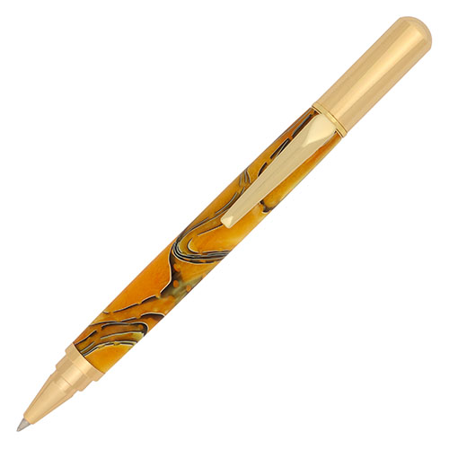 Rollester rollerball pen kit in gold made with Sunset Swirl acrylic pen blank from William Wood-Write Ltd.
