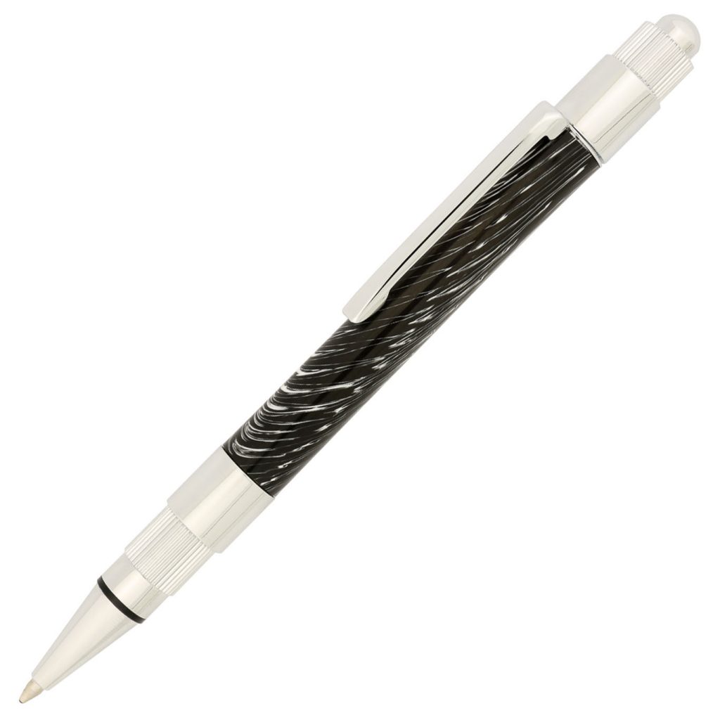 Chrome stratus ballpoint pen kit made with black and white loon poly resin pen blank from William Wood-Write Ltd.