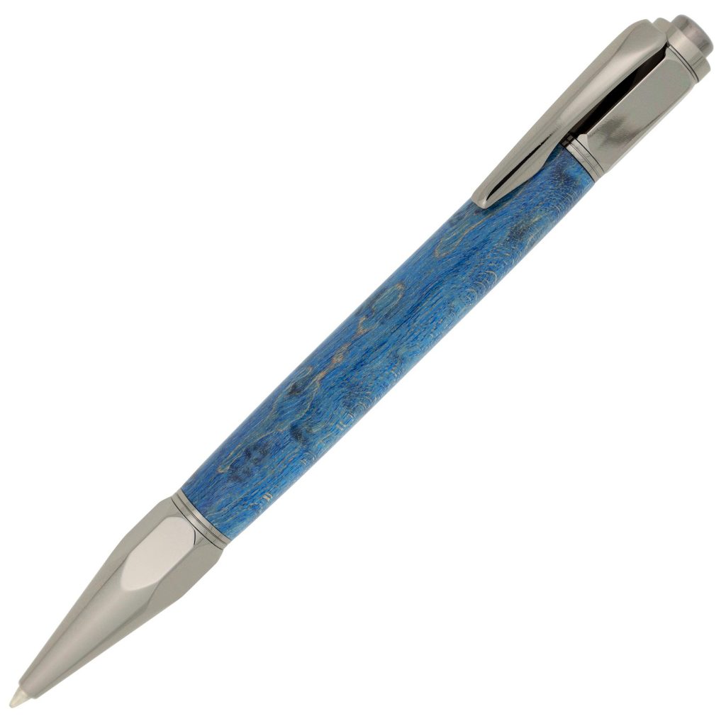 gunmetal Vertex Click Pen kit made with  electric blue stabilized birdseye maple exotic wood pen blank from William Wood-Write Ltd.