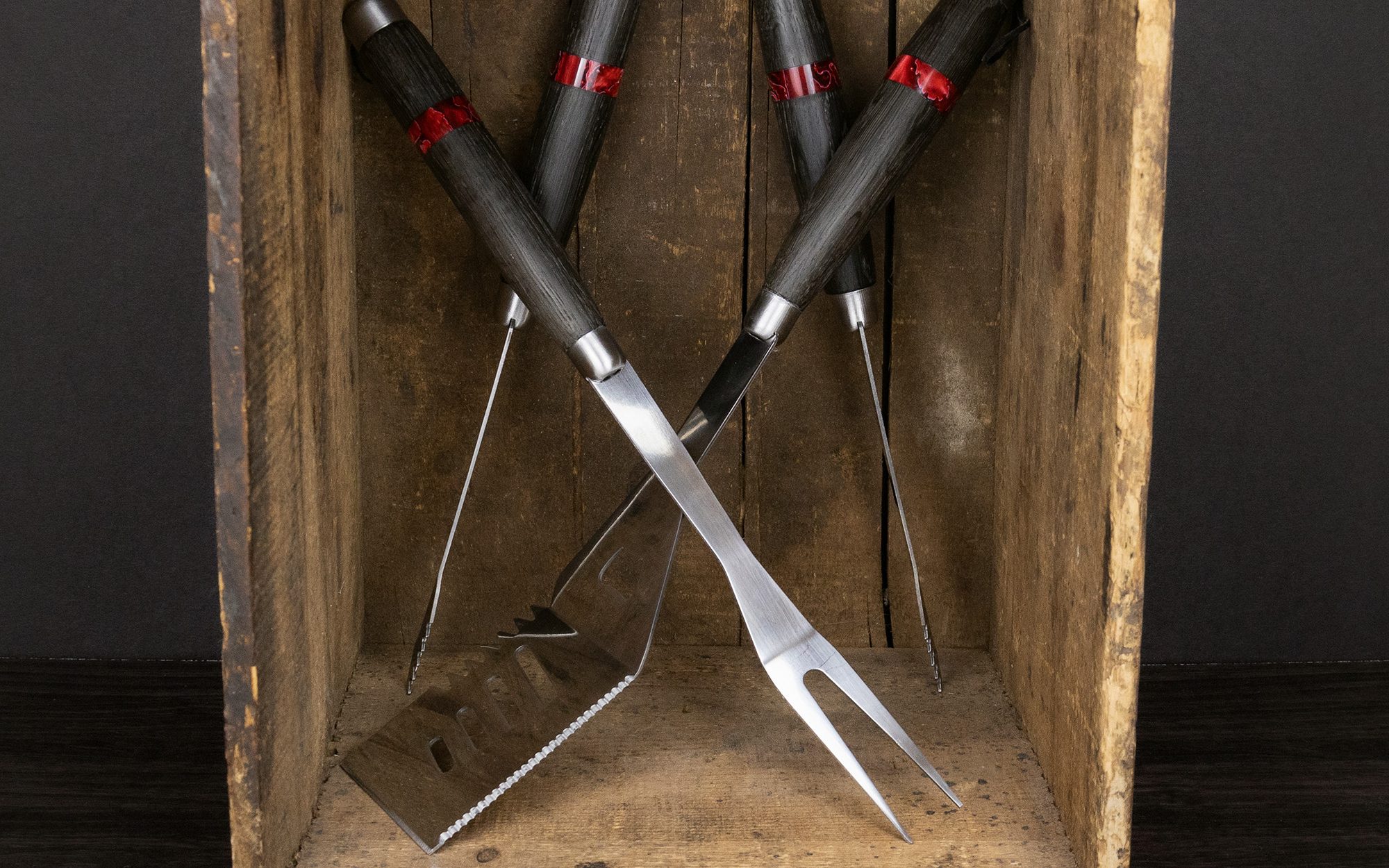 Barbecue Tool Set including Fork, Tongs and Spatula made with ancient bog oak spindle blank and jumbo red ribbon acrylic acetate project block from William Wood-Write Ltd.