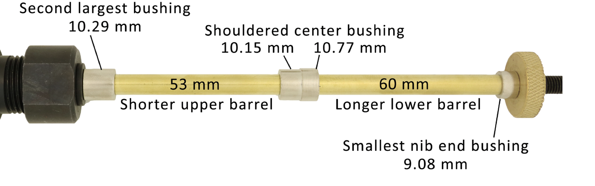 Brass Budget Round Top European pen tubes assembled on lathe in between 107A Bushings and brass nut from William Wood-Write Ltd.