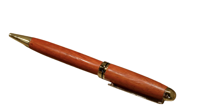 Fully turned and assembled Gold Budget Round Top European Pen Kit made with padauk exotic wood pen blanks from William Wood-Write Ltd.