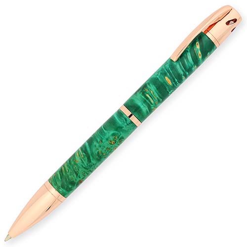 Rose Gold Aromatherapy Twist ballpoint pen kit made with stabilized box elder burl exotic wood pen blank dyed teal from William Wood-Write Ltd.