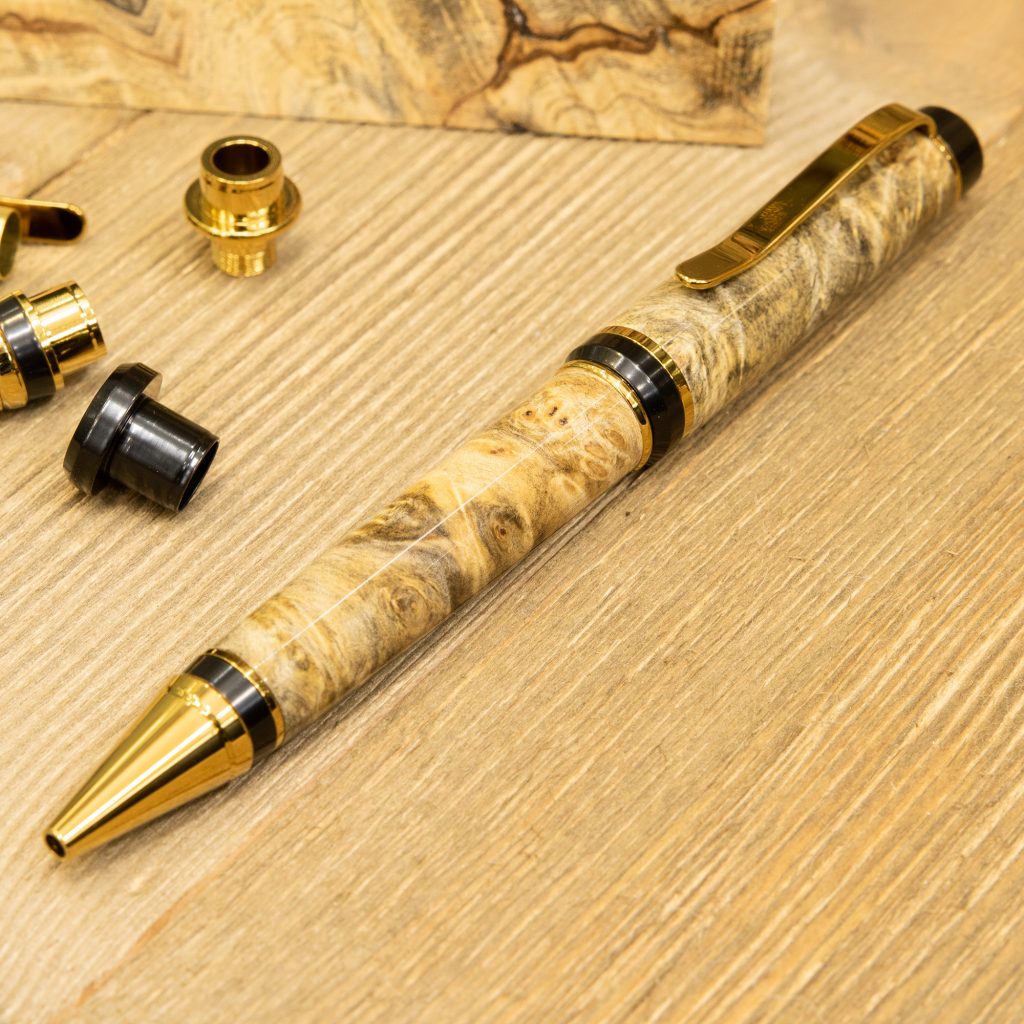 Titanium Gold Cigar Ballpoint pen kit made with natural stabilized maple burl pen blank from William Wood-Write Ltd.