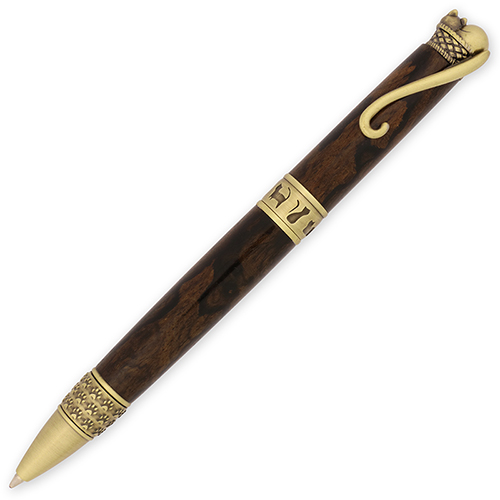 Antique Brass Cat Ballpoint Twist pen kit made with ziricote exotic wood pen blank from William Wood-Write Ltd.