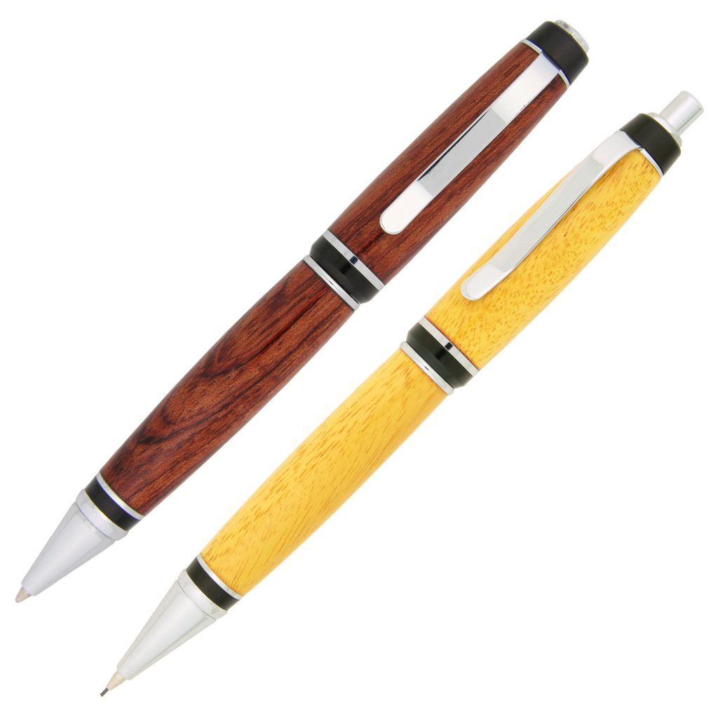 Cigar pen and pencil with schmidt mechanism in chrome made with osage orange and bubinga exotic wood pen blanks from William Wood-Write Ltd.