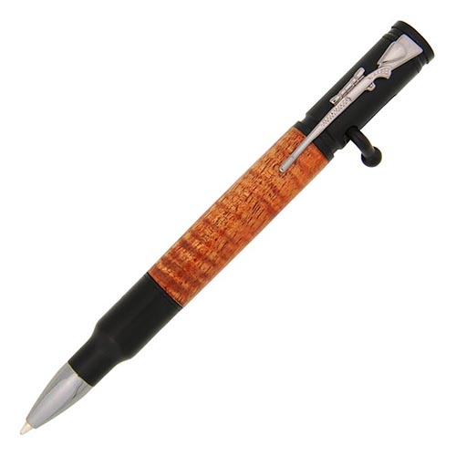 Black Enamel Magnum Cartridge Bolt Action pen kit made with Fiddleback hard maple exotic wood pen blank from William Wood-Write Ltd. 