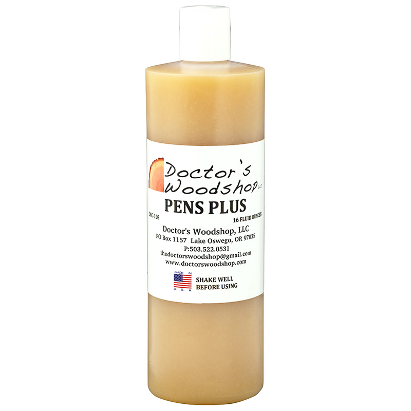 A bottle of Doctor's Woodshop Pen's Plus finish for wood turning projects. It is dark yellow with a white label.