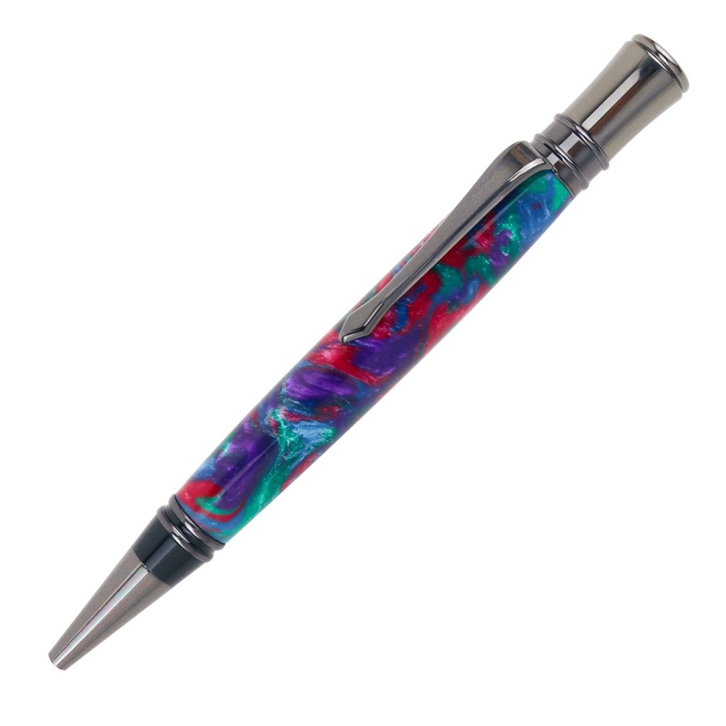 A handmade pen with gun metal plating and a colourful resin blank of swirling dark blue, green and purple